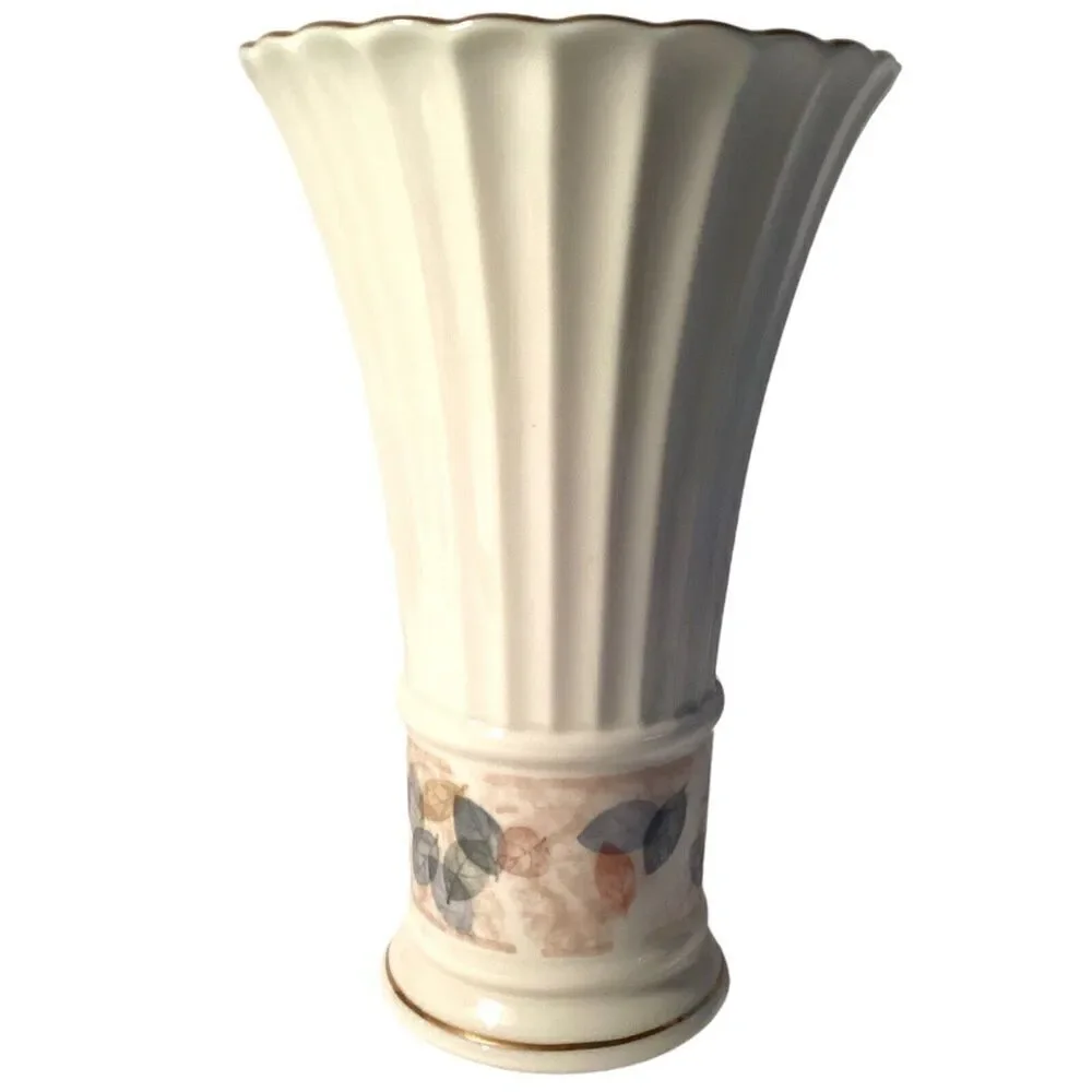 Lenox Porcelain Vase 8” Nature's Impressions Gold Trim Muted Fall Autumn Leaves